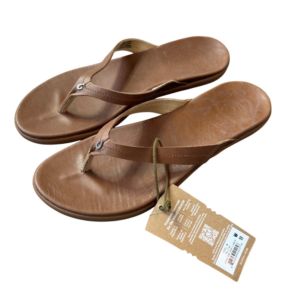 OluKai Honu-W Tan Leather Flip Flop Sandals Sea Turtle 20436-3434 Women 11